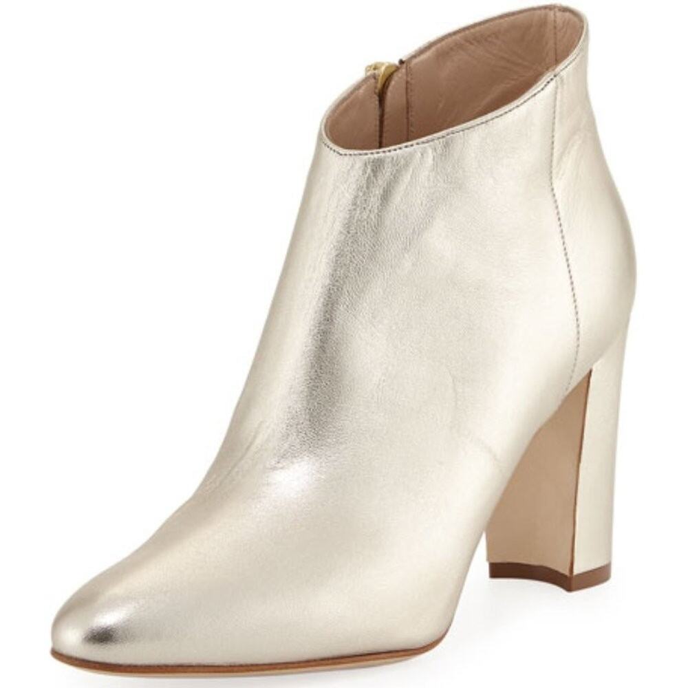 Manolo Blahnik Brusta Light Gold Bootie Ankle Boot Leather Metallic Almond 37